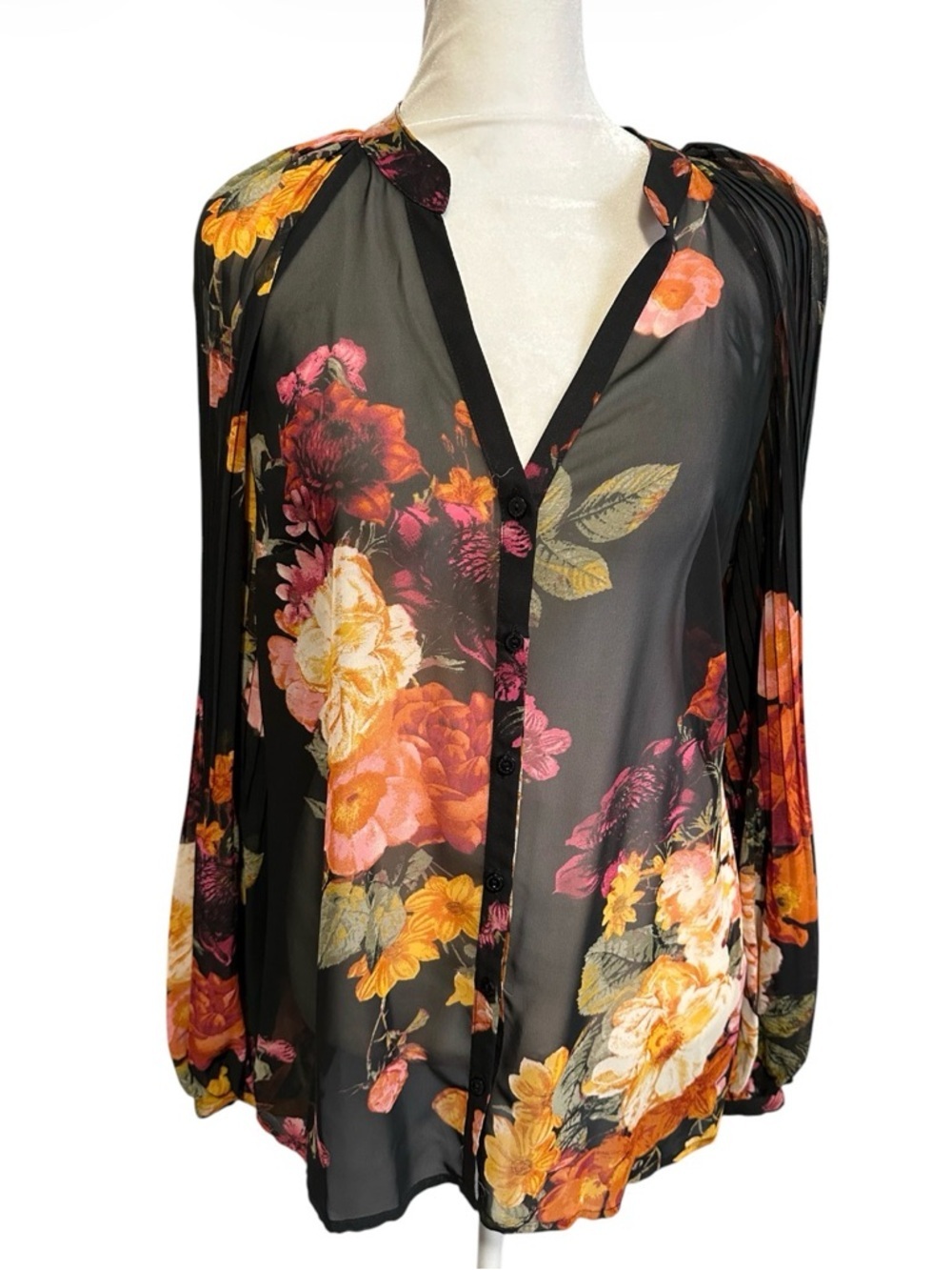 Worthington Black Floral Button-Front Blouse - Black with Orange & Pink Floral